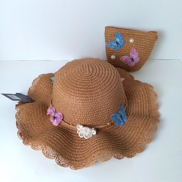 Other - Little Girls Butterfly, Flower Brown Straw Hat & Matching Shoulder Bag Set